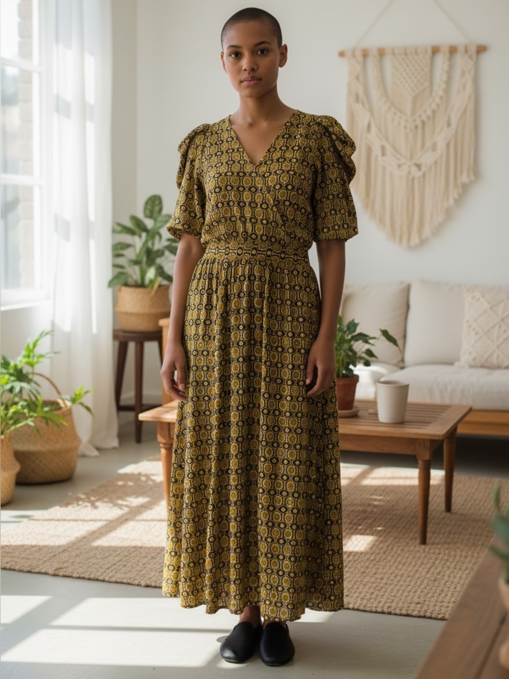 Yellow Geometric V-Neck Maxi Dress with Elastic Waist